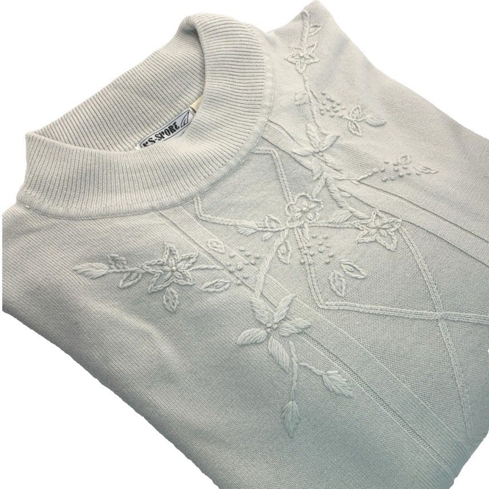 Vintage KS-Sport by Knit-Set Pullover Sweater Women's XL Beige Floral Embroidery
